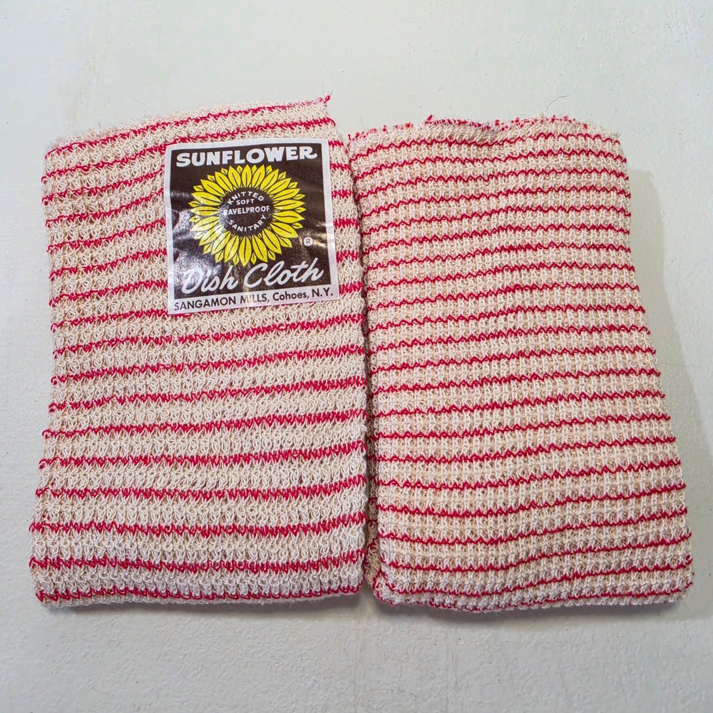 Vintage Sunflower Dish Cloth Set 2 Red Cream Striped Knitted Sangamon Mills USA